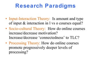 Research Paradigms Input-Interaction Theory:  Is amount and type of input & interaction in l vs o courses equal?  Socio-cultural Theory:  How do online courses increase/decrease motivation?  Increase/decrease ‘connectedness’ to TLC?  Processing Theory:  How do online courses promote progressively deeper levels of processing? 