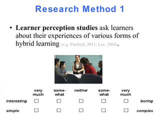 Research Method 1 Learner perception studies  ask learners about their experiences of various forms of hybrid learning  (e.g. Pasfield, 2011; Lee, 2004) . 