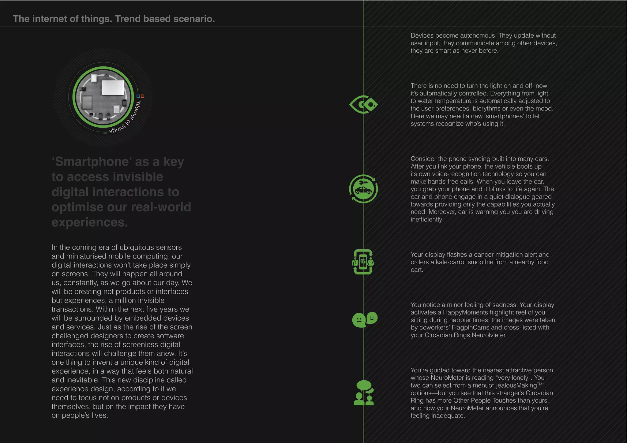 The internet of things. Trend based scenario.
Devices become autonomous. They update without
user input, they communicate among other devices,
they are smart as never before.

inte
rne
to

gs
hin
ft

to access invisible
digital interactions to
optimise our real-world
experiences.
In the coming era of ubiquitous sensors
and miniaturised mobile computing, our
digital interactions won’t take place simply
on screens. They will happen all around
us, constantly, as we go about our day. We
will be creating not products or interfaces
but experiences, a million invisible
transactions. Within the next five years we
will be surrounded by embedded devices
and services. Just as the rise of the screen
challenged designers to create software
interfaces, the rise of screenless digital
interactions will challenge them anew. It’s
one thing to invent a unique kind of digital
experience, in a way that feels both natural
and inevitable. This new discipline called
experience design, according to it we
need to focus not on products or devices
themselves, but on the impact they have
on people’s lives.

There is no need to turn the light on and off, now
it’s automatically controlled. Everything from light
to water temperrature is automatically adjusted to
the user preferences, biorythms or even the mood.
Here we may need a new ‘smartphones’ to let
systems recognize who’s using it.

Consider the phone syncing built into many cars.
After you link your phone, the vehicle boots up
its own voice-recognition technology so you can
make hands-free calls. When you leave the car,
you grab your phone and it blinks to life again. The
car and phone engage in a quiet dialogue geared
towards providing only the capabilities you actually
need. Moreover, car is warning you you are driving
inefficiently

You notice a minor feeling of sadness. Your display
activates a HappyMoments highlight reel of you
sitting during happier times; the images were taken
by coworkers’ FlagpinCams and cross-listed with
your Circadian Rings Neurolvleter.

You’re guided toward the nearest attractive person
whose NeuroMeter is reading “very lonely”. You
two can select from a menuof ]ealousMakingTM“
options—but you see that this stranger’s Circadian
Ring has more Other People Touches than yours,
and now your NeuroMeter announces that you’re
feeling inadequate.

 