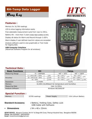 RH-Temp Data Logger

Easy Log
Features :
Memory for 32,700 readings
LCD to show logging information easily
Free selectable measurement cycle from 1sec to 24hrs.
Battery life : more than 3 years

(Under Ideal condition at 22oC)

Display all status for Alarm and Record through 2 LED’s.
Alarm display if user-defined max/min values are exceeded
Analysis software used to view graphically or Text mode
for logging data.
USB Computer Interface
(Advanced Software Program for all windows)

Technical Data :
Basic Functions
Measuring Range

RH

Temp.
o

0 ~ 100%RH

o

o

0 ~ 20% & 80 ~ 100%

Resolution
Memory
Measuring Rate
Analysis software

+5%

-40 ~ 10 C

20 ~ 40% & 60 ~ 80%

+3.5%

40 ~ 70oC

40 ~ 60%

Accuracy

-40o ~ 158oF

-40 ~ 70 C

+3.0%

-10 ~ 40oC

-40 ~ 14oF

+2oC

104 ~ 158oF

+1oC

-14 ~ 104oC

+3oC
+1.8oC

o

0.1%RH
0.1 C
32,000 (16,000each for temperature and Humidity)
1sec. to 24hrs
Windows 98/2000/XP

Special Function :
Memory

Standard Accessory
•

Dimensions

32700 readings

Power Supply

3.6V Lithium Battery

: Battery, Holding Case, Safety Lock
USB Cable with Software
: 94 x 48 x 33mm

HEAD OFFICE : Monarch Controls, M-414 1st Stage 8th Cross, Peenya Industrial Area, Bangalore-560058.
Phone: 080-28395887 / 9902492929
Email: monarchcontrols@gmail.com

 