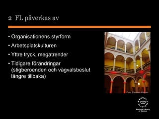 2 FL påverkas av 
• Organisationens styrform 
• Arbetsplatskulturen 
• Yttre tryck, megatrender 
• Tidigare förändringar 
(stigberoenden och vägvalsbeslut 
längre tillbaka) 
Foto: Elisabet Ahlqvist 
 