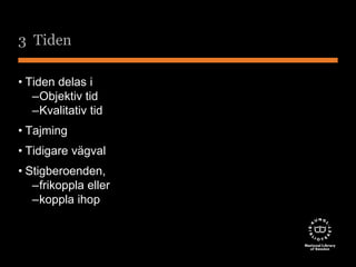 3 Tiden 
• Tiden delas i 
–Objektiv tid 
–Kvalitativ tid 
• Tajming 
• Tidigare vägval 
• Stigberoenden, 
–frikoppla eller 
–koppla ihop 
 