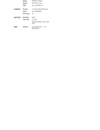          Speed       HSDPA 7.2 Mbps
          WLAN        Wi-Fi 802.11 b/g
          USB         Yes, miniUSB v2.0
 




CAMERA    Primary     3.15 MP, 2048x1536 pixels,
          Video       Yes, CIF@30fps
          Secondary   No
 




BATTERY   Stand-By    500 h
          Talk Time   7 h 30m
                      Standard battery, Li-Ion 1000
                      mAh
 




MISC      SAR US      0.83 W/kg (head)     1.07
                      W/kg (body)    
 