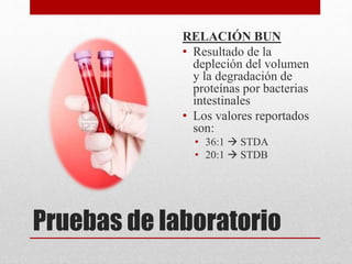 Pruebas de laboratorio
RELACIÓN BUN
• Resultado de la
depleción del volumen
y la degradación de
proteínas por bacterias
intestinales
• Los valores reportados
son:
• 36:1  STDA
• 20:1  STDB
 