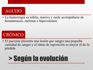 > Según la evolución
AGUDO
• La hemorragia es súbita, masiva y suele acompañarse de
hematemesis, melenas e hipovolemia
CRÓNICO
• El paciente presenta una lesión que sangra una pequeña
cantidad de sangre y el ritmo de reposición es mayor al de la
pérdida
 