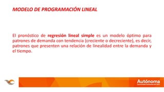 MODELO DE PROGRAMACIÓN LINEAL
El pronóstico de regresión lineal simple es un modelo óptimo para
patrones de demanda con tendencia (creciente o decreciente), es decir,
patrones que presenten una relación de linealidad entre la demanda y
el tiempo.
 