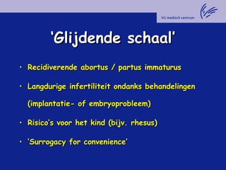 ‘‘Glijdende schaal’Glijdende schaal’
• Recidiverende abortus / partus immaturusRecidiverende abortus / partus immaturus
• Langdurige infertiliteit ondanks behandelingenLangdurige infertiliteit ondanks behandelingen
(implantatie- of embryoprobleem)(implantatie- of embryoprobleem)
• Risico’s voor het kind (bijv. rhesus)Risico’s voor het kind (bijv. rhesus)
• ‘‘Surrogacy for convenience’Surrogacy for convenience’
 