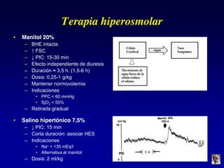 Terapia hiperosmolar
• Manitol 20%
– BHE intacta
– ↑  FSC
– ↓  PIC:  15-30 min
– Efecto independiente de diuresis
– Duración  ≈  3,5  h.  (1,5-6 h)
– Dosis: 0,25-1 g/kg
– Mantener normovolemia
– Indicaciones
• PPC < 60 mmHg
• SjO2 < 55%
– Retirada gradual
• Salino hipertónico 7,5%
– ↓  PIC:  15  min
– Corta duración: asociar HES
– Indicaciones
• Na+ < 135 mEq/l
• Alternativa al manitol
– Dosis: 2 ml/kg
 
