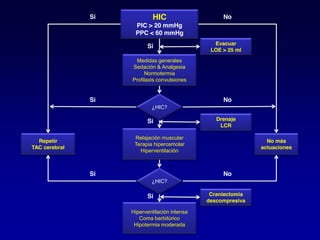 HIC
PIC > 20 mmHg
PPC < 60 mmHg
Medidas generales
Sedación & Analgesia
Normotermia
Profilaxis convulsiones
Evacuar
LOE > 25 ml
¿HIC?
¿HIC?
Hiperventilación intensa
Coma barbitúrico
Hipotermia moderada
Drenaje
LCR
Craniectomía
descompresiva
Relajación muscular
Terapia hiperosmolar
Hiperventilación
Repetir
TAC cerebral
No más
actuaciones
No
Si No
Si
Si No
Si
Si
Si
 