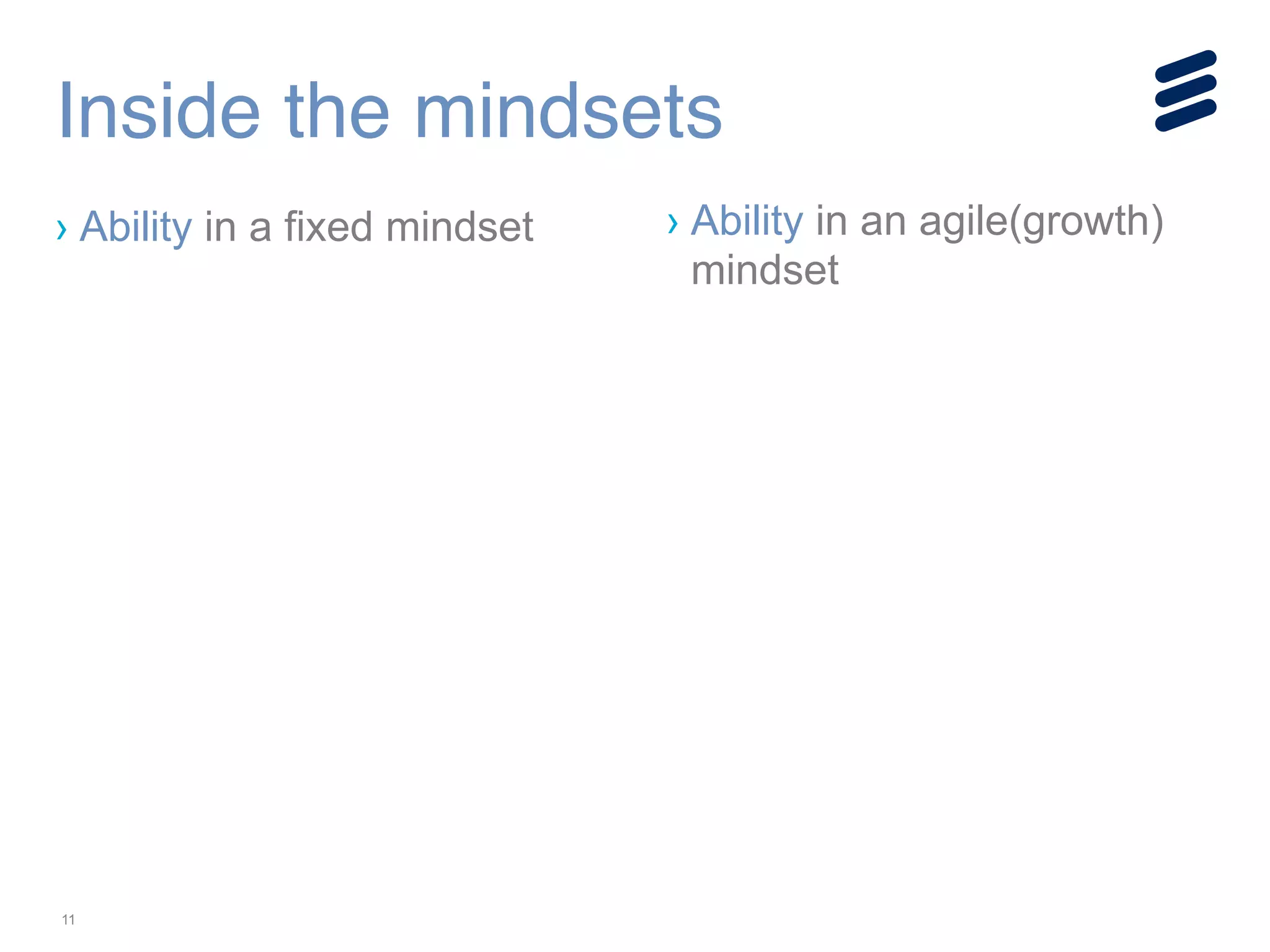 11
Inside the mindsets
› Ability in a fixed mindset › Ability in an agile(growth)
mindset
!
!
!
!
 