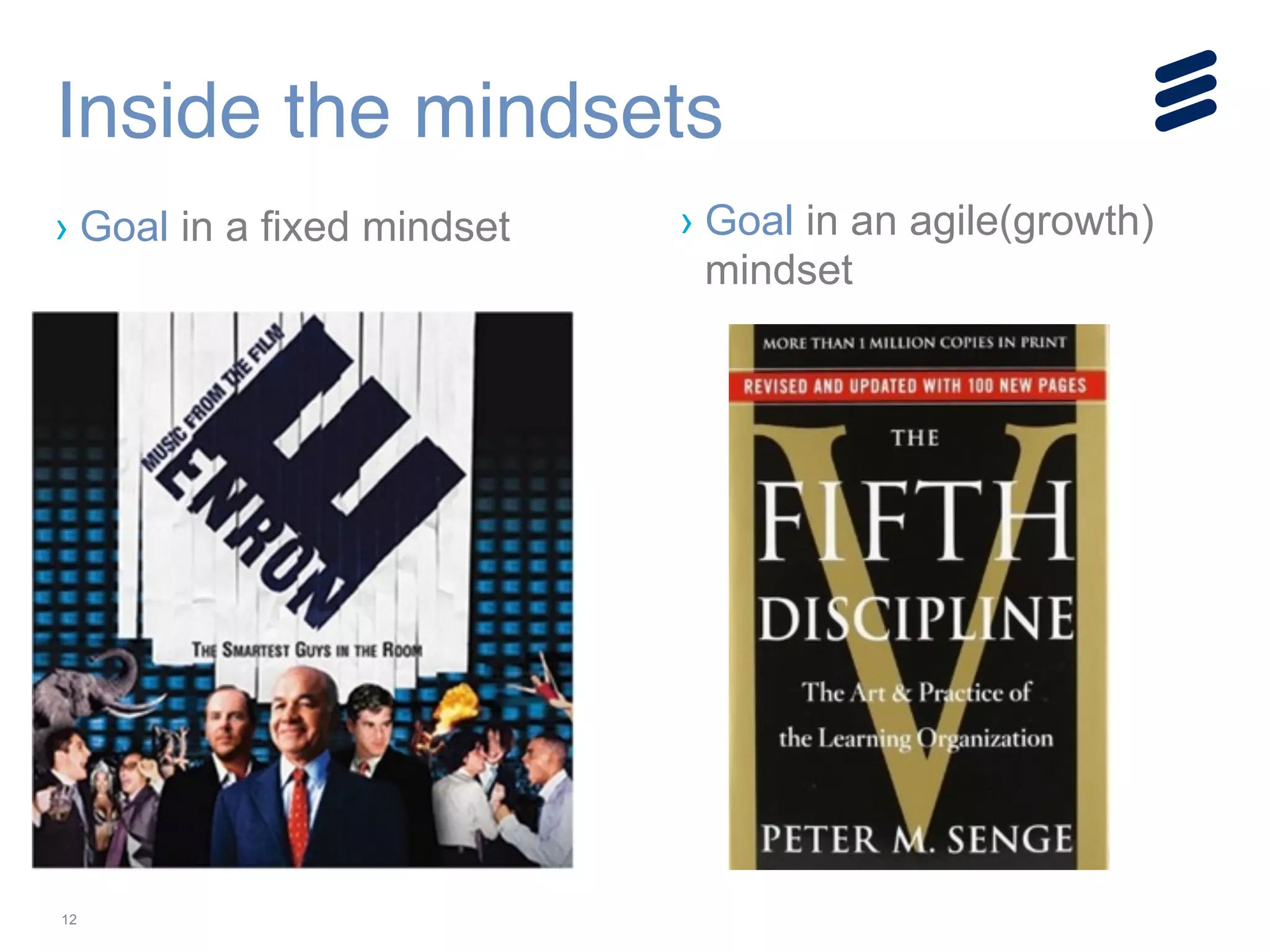 12
› Goal in a fixed mindset
Inside the mindsets
› Goal in an agile(growth)
mindset
!
!
!
!
 