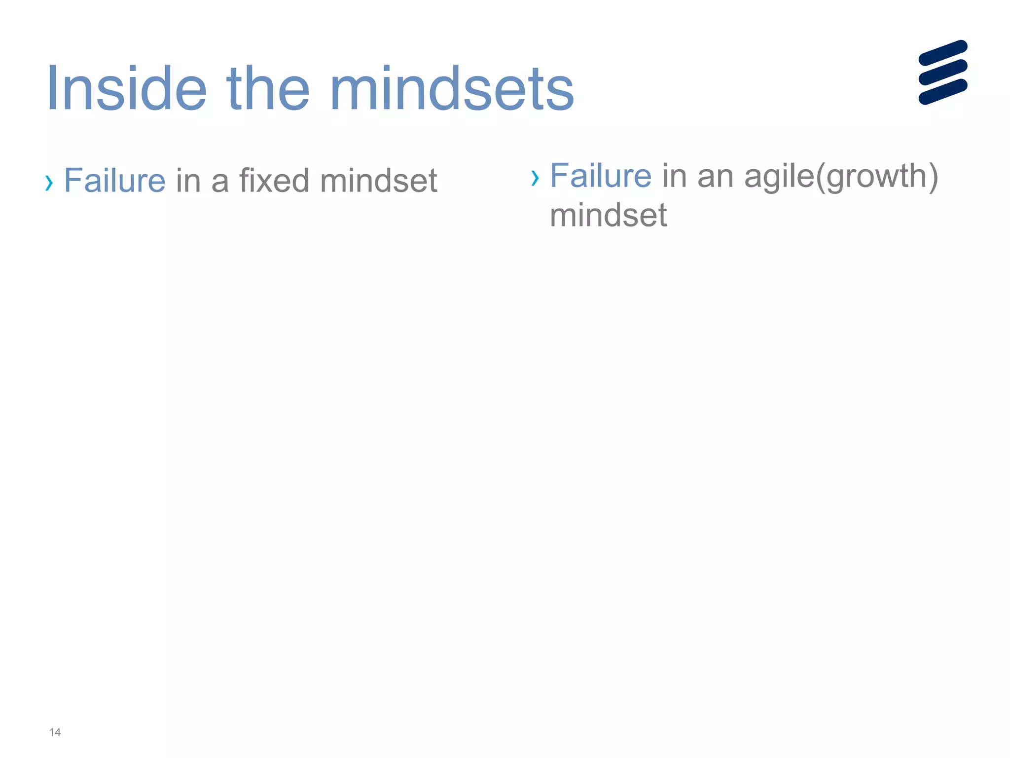 14
Inside the mindsets
› Failure in a fixed mindset › Failure in an agile(growth)
mindset
!
!
!
 