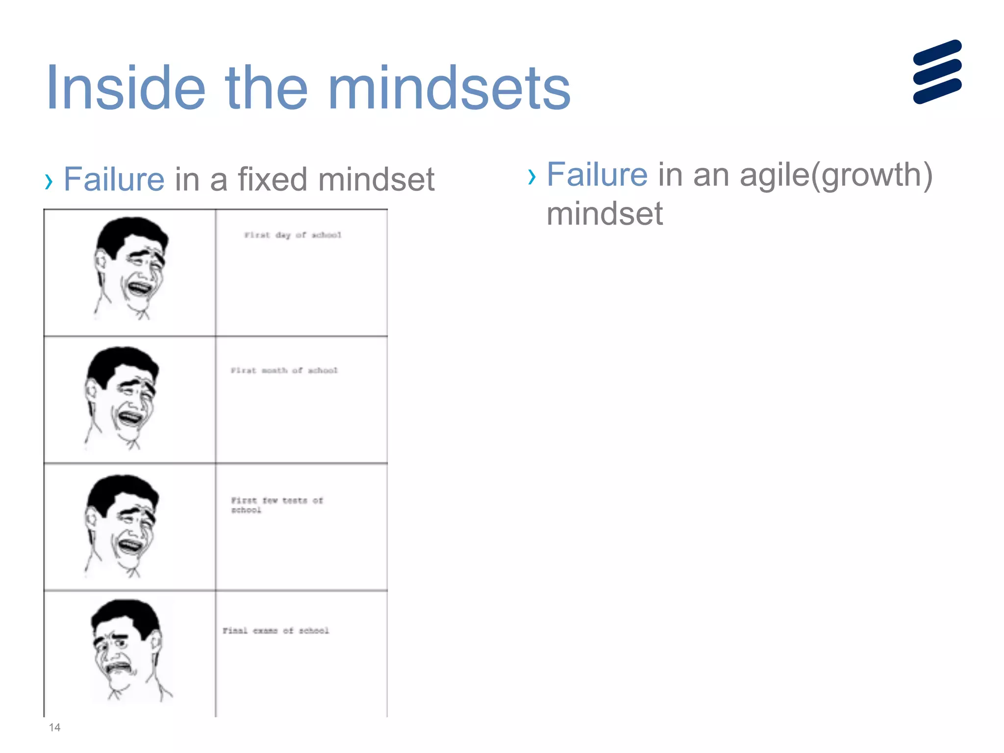 14
Inside the mindsets
› Failure in a fixed mindset › Failure in an agile(growth)
mindset
!
!
!
 