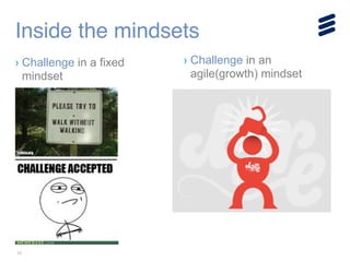 13
Inside the mindsets
› Challenge in a fixed
mindset
› Challenge in an
agile(growth) mindset
!
!
!
 
