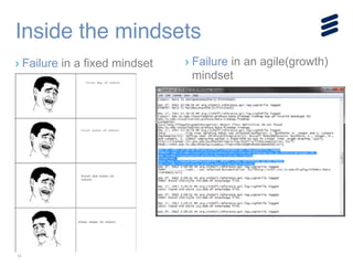 14
Inside the mindsets
› Failure in a fixed mindset › Failure in an agile(growth)
mindset
!
!
!
 