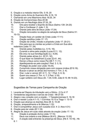 5. Oração e a melodia interior Efe. 5:19, 20
6. Oração como Arma do Guerreiro Efe. 6:18, 19
7. Clamando em uma Masmorra Atos 16:25, 34
8. Oração de Compromisso Atos 20:36
9. Orando em um Naufrágio Atos 27:33, 35
10. Ore para receber o Espírito de Deus (Salmo 139: 24-25)
11. Orar e Confessar (1 João 1: 9)
12. Orando pela obra de Deus (João 17:24)
13. Oração renovados na alegria da salvação de Deus (Salmo 51:
10-13)
14. Oração forja um caráter de Cristo (João 17:11)
15. Oração santifica (João 17: 17)
16. Oração da União, missão e propósito (João 17: 20-21)
17. Ore para que os crentes se juntem a Cristo em Sua obra
redentora (João 17: 24)
18. Orando pelas multidões (Lc. 5:15, 16).
19. Curando a alma pela oração (Lucas 6:11, 12).
20. Ele orou na sua transfiguração (Lc. 9:29).
21. Orando pelas almas (Lc. 22:31, 32).
22. O que fazer no Getsêmani (Lucas 22:41, 44).
23. Honrar a Deus como nosso Pai (Mt 7: 7–11).
24. Aperfeiçoando-se pela oração(1 Ped. 2: 5, 9).
25. Privilégio de poder orar (João 16:24).
26. Cumprindo nossa obrigação para com nossos irmãos (Ef 6:18).
27. Buscar e salvar as almas dos homens (1 Tim. 2: 4).
28. Orar, Lutar e vencer (Ef. 6:11, 12; 1 Ped. 5: 8, 9).
29. Quem ora cresce (1 Tim. 4: 7; 2 Ped. 3:18).
30. Lugar solitário com Deus (Sr. 1:35; 6:46; João 6:15; Mt 14:23).
Sugestões de Temas para Campanha de Oração
1. Levante-se! Depois da tribulação vem a Glória - 2 Co 4:17
2. Verdadeiras seguidoras e servas de Cristo - Mt 27:55
3. Alegre o seu coração com a oração - 1 Tessalonicenses 5: 16-18
4. Orar é resistir Lucas 4:1-13, 1 Coríntios 10:13 e Tiago 1: 13-15
5. Oração que alcança os doentes Atos 28: 8, 15 28
6. Oração, arrependimento e fé (Marcos 1:15)
7. Orar é compartilhar Jesus com ousadia (Col. 4: 2; Atos 4:31)
8. Oração para ter visão (Ef 1:18)
9. Alegria de Jesus em suas vidas através da oração (João 17: 13)
10. Oração é proteção divina (João 17:15)
11. Deus nos ordena a orar [Mateus 26:41] , [Marcos 13:33]
12. A oração está entrando na presença de Deus. [Hb 4: 14-16] , Hb
8: 1
 
