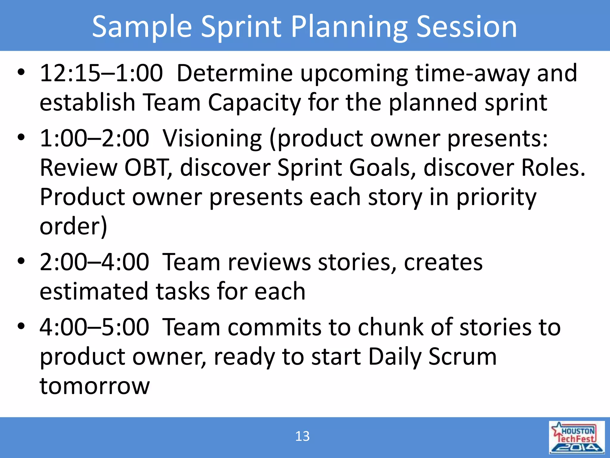 Sample Sprint Planning Session 
• 12:15–1:00 Determine upcoming time-away and 
establish Team Capacity for the planned sprint 
• 1:00–2:00 Visioning (product owner presents: 
Review OBT, discover Sprint Goals, discover Roles. 
Product owner presents each story in priority 
order) 
• 2:00–4:00 Team reviews stories, creates 
estimated tasks for each 
• 4:00–5:00 Team commits to chunk of stories to 
product owner, ready to start Daily Scrum 
tomorrow 
13 
 