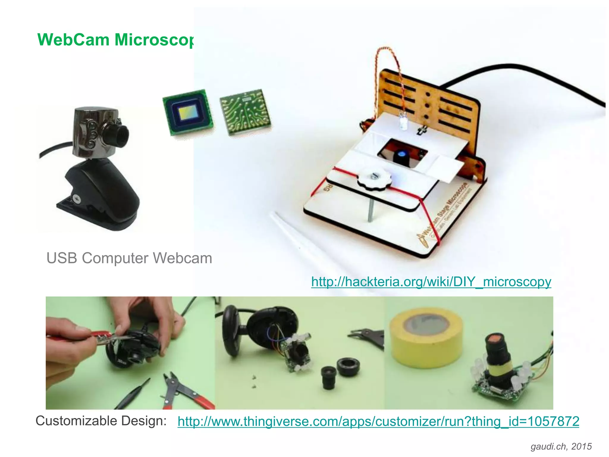 gaudi.ch, 2015
WebCam Microscope
USB Computer Webcam
http://www.thingiverse.com/apps/customizer/run?thing_id=1057872Customizable Design:
http://hackteria.org/wiki/DIY_microscopy
 