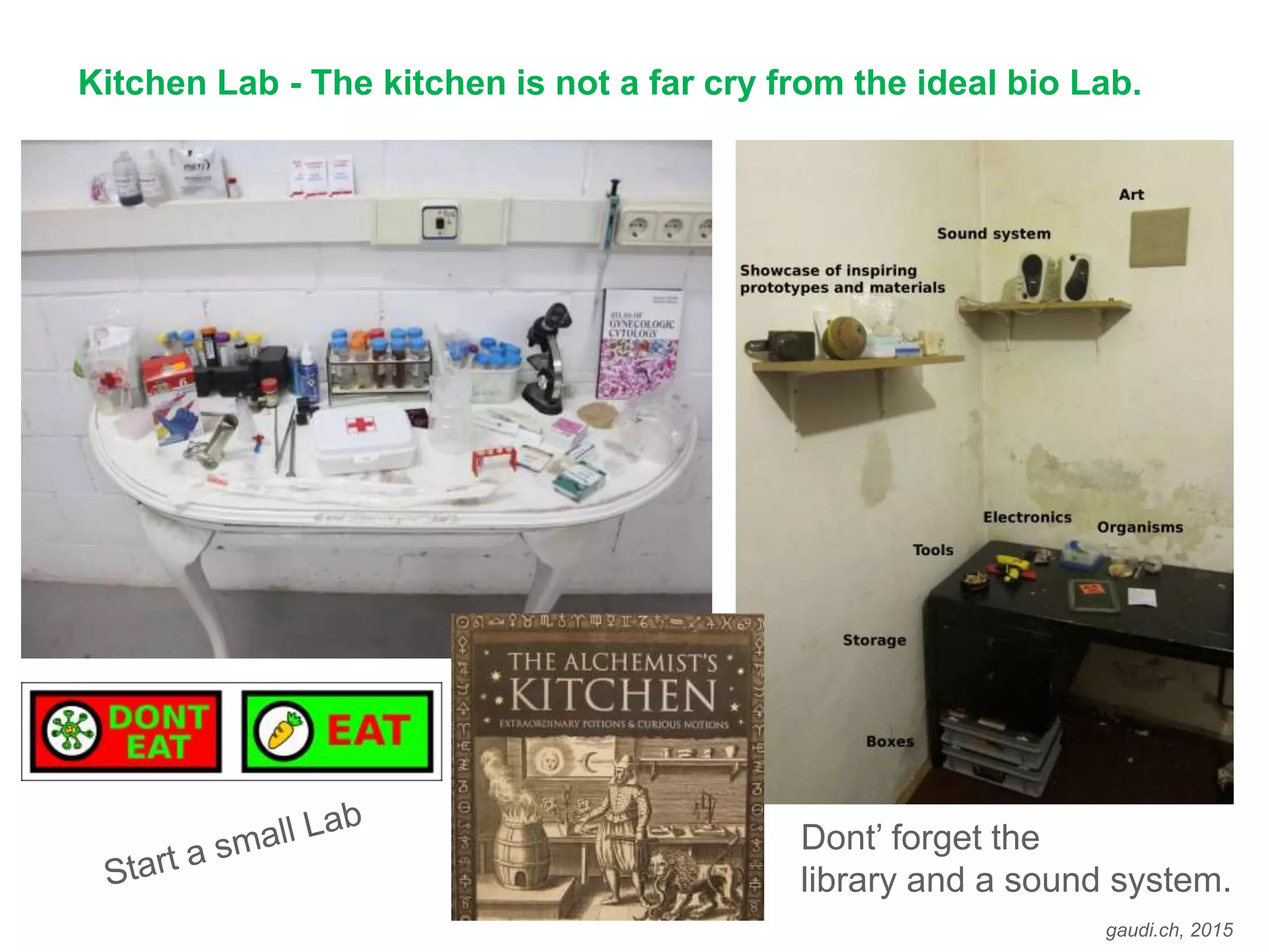 gaudi.ch, 2015
Kitchen Lab - The kitchen is not a far cry from the ideal bio Lab.
Dont’ forget the
library and a sound system.
 
