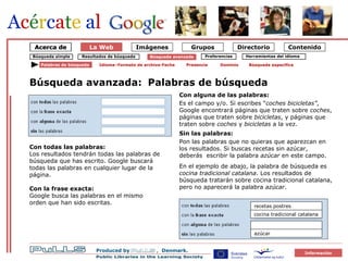 forside Palabras de búsqueda Palabras de búsqueda   Idioma–Formato de archivo-Fecha Presencia Dominio Búsqueda específica Con alguna de las palabras:   Es el campo y/o. Si escribes “ coches bicicletas” , Google encontrará páginas que traten sobre  coches , páginas que traten sobre  bicicletas , y páginas que traten sobre  coches  y  bicicletas  a la vez. Sin las palabras:   Pon las palabras que no quieras que aparezcan en los resultados. Si buscas recetas sin azúcar, deberás  escribir la palabra  azúcar  en este campo. En el ejemplo de abajo, la palabra de búsqueda es  cocina tradicional catalana . Los resultados de búsqueda tratarán sobre cocina tradicional catalana, pero no aparecerá la palabra  azúcar . Búsqueda avanzada: Con todas las palabras: Los resultados tendrán todas las palabras de búsqueda que has escrito. Google buscará todas las palabras en cualquier lugar de la página.  Con la frase exacta: Google busca las palabras en el mismo  orden que han sido escritas. recetas postres cocina tradicional catalana azúcar Acerca de Herramientas del idioma   Preferencias Resultados de búsqueda Búsqueda simple Búsqueda avanzada La Web 