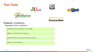 www.luxoft.com
Test Tools
Given WordPress application is uninstalled
When I install WordPress application
And install Membership Login plugin and activate
Then no errors appeared
Feature: Installation
Scenario: Basic installation
 