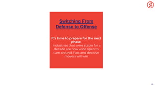 46
Switching From
Defense to Offense
It’s time to prepare for the next
phase.
Industries that were stable for a
decade are...