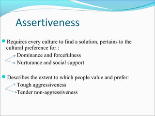 Assertiveness
Requires every culture to find a solution, pertains to the
  cultural preference for :
       Dominance and forcefulness
       Nurturance and social support

Describes the extent to which people value and prefer:
    Tough aggressiveness
    Tender non-aggressiveness
 