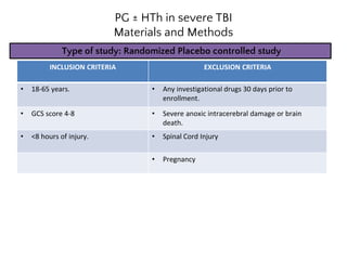 PG ± HTh in severe TBI
Materials and Methods
• Data Collected-
– Daily- vitals, ICP, CPP, BP, Intake/ Output, GCS score, ABG(pH , K+ , pCO2
,pO2,Hco3)
– Lab Test for 7 days.(Biochemistry,Haematology,Coagulation)
– CT Scan- at admission and Day 6
– Biochemical markers of STBI- (S100,NSE, Progesterone, Estrogen, IL 6, GFAP)- at
admission and 1st Week
INCLUSION CRITERIA EXCLUSION CRITERIA
• 18-65 years. • Any investigational drugs 30 days prior to
enrollment.
• GCS score 4-8 • Severe anoxic intracerebral damage or brain
death.
• <8 hours of injury. • Spinal Cord Injury
• Pregnancy
Type of study: Randomized Placebo controlled study
 