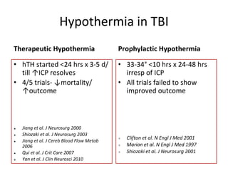 Hypothermia in TBI
Therapeutic Hypothermia
• hTH started <24 hrs x 3-5 d/
till ↑ICP resolves
• 4/5 trials- ↓mortality/
↑ou...