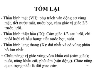 TÓM LẠI
- Thần kinh mặt (VII): phụ trách vận động cơ vùng
mặt, tiết nƣớc mắt, nƣớc bọt, cảm giác vị giác 2/3
trƣớc lƣỡi.
- Thần kinh thiệt hầu (IX): Cảm giác 1/3 sau lƣỡi, chi
phối lƣỡi và hầu họng: tiết nƣớc bọt, nuốt.
- Thần kinh lang thang (X): dài nhất và có vùng phân
bố lớn nhất.
+ Chức năng: vị giác vùng vòm khẩu cái (cảm giác);
nuốt, nâng khẩu cái, phát âm (vận động). Chức năng
quan trọng nhất là đối giao cảm 98
 