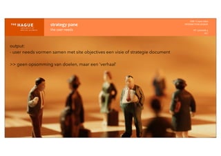 strategy	
  pane
the	
  user	
  needs
IDM-­‐	
  E	
  open	
  data
INTERACTION	
  DESIGN
HT	
  1	
  periode	
  4
HCI
output:
- user needs vormen samen met site objectives een visie of strategie document
>> geen opsomming van doelen, maar een ‘verhaal’
 