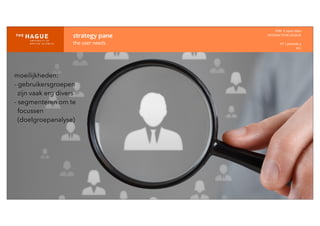 strategy	
  pane
the	
  user	
  needs
IDM-­‐	
  E	
  open	
  data
INTERACTION	
  DESIGN
HT	
  1	
  periode	
  4
HCI
moeilijkheden:
- gebruikersgroepen
zijn vaak erg divers
- segmenteren om te
focussen
(doelgroepanalyse)
 