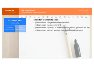 IDM-­‐	
  E	
  open	
  data
INTERACTION	
  DESIGN
HT	
  1	
  periode	
  4
HCI
the	
  scope	
  plane
functionaliteiten	
  in	
  gebruik	
  en	
  inhoud
SCOPE PLANE
functionality
functional
speciﬁcations
content
requirements
opstellen functionele eisen
- systeemeisen zijn geordend op prioriteit
- systeemeisen zijn genummerd
- systeemeisen zijn altijd in enkelvoud opgesteld (geen dit én dit)
- systeemeisen kunnen worden ingedeeld in categorieën
 
