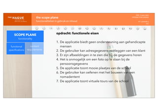 IDM-­‐	
  E	
  open	
  data
INTERACTION	
  DESIGN
HT	
  1	
  periode	
  4
HCI
the	
  scope	
  plane
functionaliteiten	
  in	
  gebruik	
  en	
  inhoud
SCOPE PLANE
functionality
functional
speciﬁcations
content
requirements
opdracht: functionele eisen
1. De applicatie biedt geen ondersteuning aan gehandicapte
mensen
2. De gebruiker kan adresgegevens vastleggen van een klant
3. Er zijn afbeeldingen in te zien die bij de gegevens horen
4. Het is onmogelijk om een foto op te slaan bij de
persoonsgegevens
5. De applicatie toont mooie plaatjes van de school
6. De gebruiker kan oefenen met het bouwen van een
nomadentent
7. De applicatie toont virtuele tours van de school
 