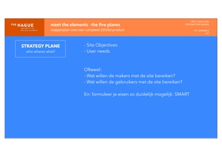IDM-­‐	
  E	
  open	
  data
INTERACTION	
  DESIGN
HT	
  1	
  periode	
  4
HCI
STRATEGY PLANE
who whants what?
meet	
  the	
  elements	
  -­‐	
  the	
  ﬁve	
  planes
stappenplan	
  voor	
  een	
  compleet	
  ID/UXd	
  product
- Site Objectives
- User needs
Oftewel:
- Wat willen de makers met de site bereiken?
- Wat willen de gebruikers met de site bereiken?
En: formuleer je eisen zo duidelijk mogelijk: SMART
 