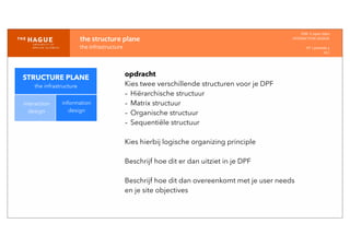 IDM-­‐	
  E	
  open	
  data
INTERACTION	
  DESIGN
HT	
  1	
  periode	
  4
HCI
the	
  structure	
  plane
the	
  infrastructure
STRUCTURE PLANE
the infrastructure
interaction
design
information
design
opdracht
Kies twee verschillende structuren voor je DPF
- Hiërarchische structuur
- Matrix structuur
- Organische structuur
- Sequentiële structuur
Kies hierbij logische organizing principle
Beschrijf hoe dit er dan uitziet in je DPF
Beschrijf hoe dit dan overeenkomt met je user needs
en je site objectives
 