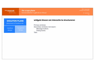 IDM-­‐	
  E	
  open	
  data
INTERACTION	
  DESIGN
HT	
  1	
  periode	
  4
HCI
the	
  scope	
  plane
functionaliteiten	
  in	
  gebruik	
  en	
  inhoud
interface
design
navigation
design
widgets kiezen om interactie te structureren
Primary windows
Secondary windows met daarin:
Message buttons
Dialog boxes
Tabs
SKELETON PLANE
placement of buttons etc.
 