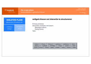IDM-­‐	
  E	
  open	
  data
INTERACTION	
  DESIGN
HT	
  1	
  periode	
  4
HCI
the	
  scope	
  plane
functionaliteiten	
  in	
  gebruik	
  en	
  inhoud
interface
design
navigation
design
widgets kiezen om interactie te structureren
Primary windows
Secondary windows met daarin:
Message buttons
Dialog boxes
Tabs
SKELETON PLANE
placement of buttons etc.
 