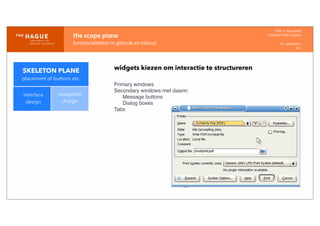 IDM-­‐	
  E	
  open	
  data
INTERACTION	
  DESIGN
HT	
  1	
  periode	
  4
HCI
the	
  scope	
  plane
functionaliteiten	
  in	
  gebruik	
  en	
  inhoud
interface
design
navigation
design
widgets kiezen om interactie te structureren
Primary windows
Secondary windows met daarin:
Message buttons
Dialog boxes
Tabs
SKELETON PLANE
placement of buttons etc.
 