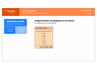 IDM-­‐	
  E	
  open	
  data
INTERACTION	
  DESIGN
HT	
  1	
  periode	
  4
HCI
the	
  scope	
  plane
functionaliteiten	
  in	
  gebruik	
  en	
  inhoud
interface
design
navigation
design
widgets kiezen om gegevens in te voeren
keuzeknoppen en checkboxes
SKELETON PLANE
placement of buttons etc.
 