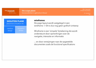 IDM-­‐	
  E	
  open	
  data
INTERACTION	
  DESIGN
HT	
  1	
  periode	
  4
HCI
the	
  scope	
  plane
functionaliteiten	
  in	
  gebruik	
  en	
  inhoud
interface
design
navigation
design
wireframes
De page layout wordt vastgelegd in een
wireframe -> Dit is dus nog geen graﬁsch ontwerp
Wireframe is een ‘simpele’ lijntekening die wordt
ondersteunt door opmerkingen over de
navigatie, interactie en informatie
... en door verwijzingen naar de opgestelde
documenten zoals de functional speciﬁcations
SKELETON PLANE
placement of buttons etc.
 