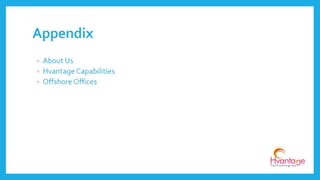 Founders: Founded in 2011 by Neelesh Jain - serial entrepreneur in telecom & real
estate
Locations: 2 offices in Indore, India with 150 technology and operations team
Expertise: Development Support, Back Office Support, Customer Support, E-Commerce
Management Support, Offshore & Outsourcing Support Services
Domain Expertise: Healthcare, Banking, Finance, IT & Technology, Internet, Shared
Economy, and e-Commerce
Lean Operating Model: Sales and support in US & operations in India
Clients:
www.hvantagetechnologies.com | info@hvantagetechnologies.com
About(Cntd..)
 