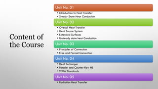 Content of
the Course
Unit No. 01
• Introduction to Heat Transfer
• Steady State Heat Conduction
Unit No. 02
• Overall Heat Transfer
• Heat Source System
• Extended Surfaces
• Unsteady state heat Conduction
Unit No. 03
• Principles of Convection
• Free and Forced Convection
Unit No. 04
• Heat Exchanger
• Parallel and Counter flow HE
• TEMA Standards
Unit No. 05
• Radiation Heat Transfer
 