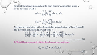 Similarly heat accumulated due to heat flow by conduction along y
and z direction will be:
𝑑𝑄𝑦 =
𝜕
𝜕𝑦
𝑘𝑦
𝜕𝑇
𝜕𝑦
𝑑𝑥. 𝑑𝑦. 𝑑𝑧
𝑑𝑄𝑧 =
𝜕
𝜕𝑧
𝑘𝑧
𝜕𝑇
𝜕𝑧
𝑑𝑥. 𝑑𝑦. 𝑑𝑧
Net heat accumulated in the element due to conduction of heat from all
the direction considered per unit time =
𝜕
𝜕𝑥
𝑘𝑥
𝜕𝑇
𝜕𝑥
+
𝜕
𝜕𝑦
𝑘𝑦
𝜕𝑇
𝜕𝑦
+
𝜕
𝜕𝑧
𝑘𝑧
𝜕𝑇
𝜕𝑧
𝑑𝑥. 𝑑𝑦. 𝑑𝑧
--------------------(i)
B. Total Heat generated within the element per unit time
𝑄𝑔 = 𝑞𝑔
′′′ ∗ 𝑑𝑥. 𝑑𝑦. 𝑑𝑧
--------------- (ii)
 