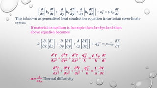 𝝏
𝝏𝒙
𝒌𝒙
𝝏𝑻
𝝏𝒙
+
𝝏
𝝏𝒚
𝒌𝒚
𝝏𝑻
𝝏𝒚
+
𝝏
𝝏𝒛
𝒌𝒛
𝝏𝑻
𝝏𝒛
+ 𝒒𝒈
′′′
= 𝛒. 𝑪𝒑.
𝝏𝑻
𝝏𝝉
This is known as generalised heat conduction equation in cartesian co-ordinate
system
If material or medium is Isotropic then kx=ky=kz=k then
above equation becomes
𝑘
𝜕
𝜕𝑥
𝜕𝑇
𝜕𝑥
+
𝜕
𝜕𝑦
𝜕𝑇
𝜕𝑦
+
𝜕
𝜕𝑧
𝜕𝑇
𝜕𝑧
+ 𝑞𝑔
′′′ = 𝜌. 𝐶𝑝.
𝜕𝑇
𝜕𝜏
𝝏𝟐
𝑻
𝝏𝒙𝟐 +
𝝏𝟐
𝑻
𝝏𝒚𝟐 +
𝝏𝟐
𝑻
𝝏𝒛𝟐 +
𝒒𝒈
′′′
𝒌
=
𝝆. 𝑪𝒑
𝒌
.
𝝏𝑻
𝝏𝝉
𝝏𝟐𝑻
𝝏𝒙𝟐
+
𝝏𝟐𝑻
𝝏𝒚𝟐
+
𝝏𝟐𝑻
𝝏𝒛𝟐
+
𝒒𝒈
′′′
𝒌
=
𝟏
𝜶
.
𝝏𝑻
𝝏𝝉
𝜶=
𝒌
𝝆.𝑪𝒑
Thermal diffusivity
 