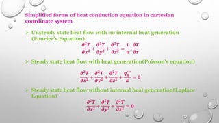 Simplified forms of heat conduction equation in cartesian
coordinate system
 Unsteady state heat flow with no internal heat generation
(Fourier’s Equation)
𝝏𝟐𝑻
𝝏𝒙𝟐
+
𝝏𝟐𝑻
𝝏𝒚𝟐
+
𝝏𝟐𝑻
𝝏𝒛𝟐
=
𝟏
𝜶
.
𝝏𝑻
𝝏𝝉
 Steady state heat flow with heat generation(Poisson’s equation)
𝝏𝟐𝑻
𝝏𝒙𝟐 +
𝝏𝟐𝑻
𝝏𝒚𝟐 +
𝝏𝟐𝑻
𝝏𝒛𝟐 +
𝒒𝒈
′′′
𝒌
= 𝟎
 Steady state heat flow without internal heat generation(Laplace
Equation)
𝝏𝟐𝑻
𝝏𝒙𝟐
+
𝝏𝟐𝑻
𝝏𝒚𝟐
+
𝝏𝟐𝑻
𝝏𝒛𝟐
= 𝟎
 
