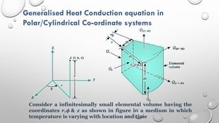 Generalised Heat Conduction equation in
Polar/Cylindrical Co-ordinate systems
Consider a infinitesimally small elemental volume having the
coordinates r,𝝓 & z as shown in figure in a medium in which
temperature is varying with location and time
 
