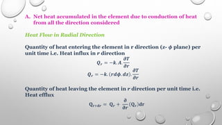 A. Net heat accumulated in the element due to conduction of heat
from all the direction considered
Heat Flow in Radial Direction
Quantity of heat entering the element in r direction (z- 𝝓 plane) per
unit time i.e. Heat influx in r direction
𝑸𝒓 = −𝒌. 𝑨.
𝝏𝑻
𝝏𝒓
𝑸𝒓 = −𝒌. 𝒓𝒅𝝓. 𝒅𝒛 .
𝝏𝑻
𝝏𝒓
Quantity of heat leaving the element in r direction per unit time i.e.
Heat efflux
𝐐𝐫+𝐝𝒓 = 𝐐𝒓 +
𝛛
𝛛𝒓
𝐐𝒓 𝐝𝐫
 