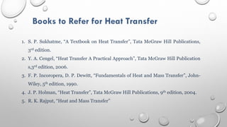 Books to Refer for Heat Transfer
1. S. P. Sukhatme, “A Textbook on Heat Transfer”, Tata McGraw Hill Publications,
3rd edition.
2. Y. A. Cengel, “Heat Transfer A Practical Approach”, Tata McGraw Hill Publication
s,3rd edition, 2006.
3. F. P. Incoropera, D. P. Dewitt, “Fundamentals of Heat and Mass Transfer”, John-
Wiley, 5th edition, 1990.
4. J. P. Holman, “Heat Transfer”, Tata McGraw Hill Publications, 9th edition, 2004.
5. R. K. Rajput, “Heat and Mass Transfer”
 