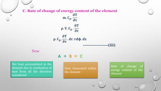 C. Rate of change of energy content of the element
𝐦. 𝐂𝐩.
𝛛𝐓
𝛛𝛕
𝛒. 𝐕. 𝐂𝐩 .
𝛛𝐓
𝛛𝛕
𝛒. 𝐂𝐩.
𝛛𝐓
𝛛𝛕
. 𝐝𝐫. 𝐫𝐝𝛟. 𝐝𝐳
------------------(iii)
Now
A + B = C
Net heat accumulated in the
element due to conduction of
heat from all the direction
considered
Heat Generated within
the element
Rate of change of
energy content of the
element
 